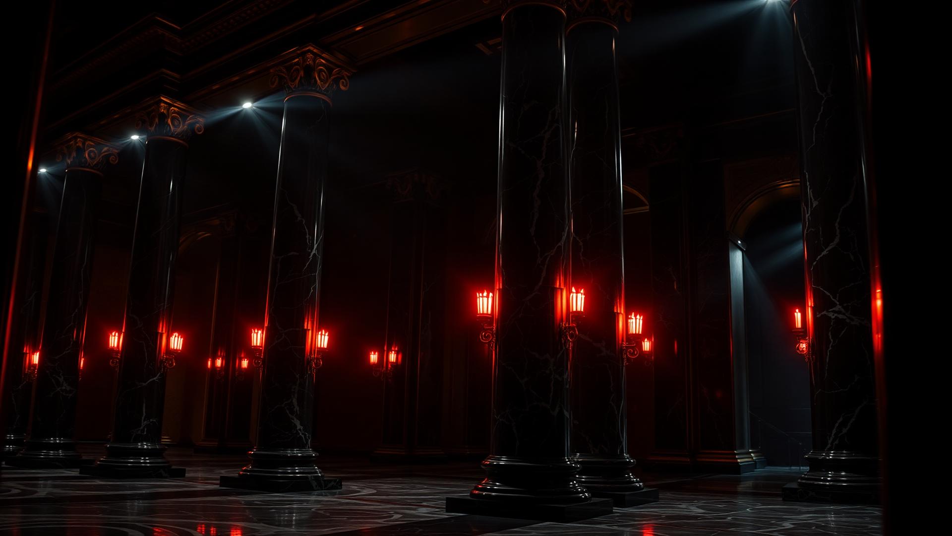 Black marble Roman hall lit by crimson torches